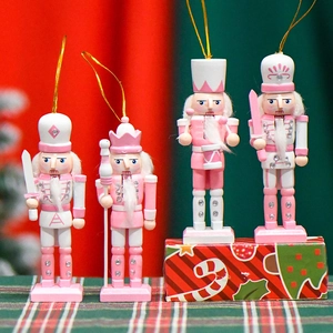 Pink and white 13cm wooden nutcracker soldiers set of 4 with glitter for Christmas decor
