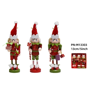 Set of three 13cm wooden Christmas nutcracker elf ornaments with gift and candy cane