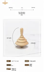 Detailed view of unfinished wooden spinning top toy with precise 2.6x4.1cm dimensions