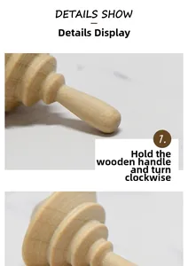 Close-up of DIY unpainted wooden spinning top toy showing smooth natural wood grain detail