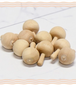 Detailed view of unfinished smooth wooden mushrooms for DIY crafts and painting