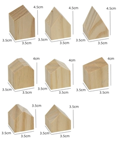 Detailed size chart of wooden house blocks showing 3.5cm base and varying heights