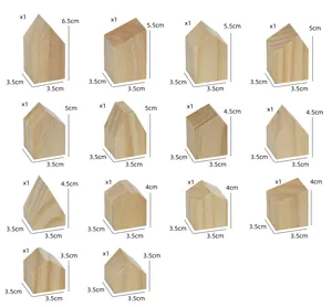 Size chart showing 14 DIY wooden house blocks with specific height and width dimensions