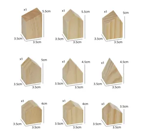 Detailed size chart for nine DIY wooden house blocks showing various heights and dimensions