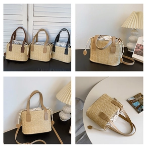 Detailed close-up of woven straw handbag textures with leather handles in three colors