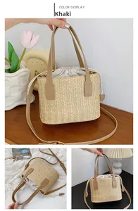 Detail view of khaki woven straw bag with adjustable strap and drawstring lining