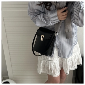 Classic black bucket bag featuring a gold horseshoe buckle and elegant cross-body strap
