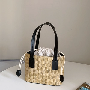 Women Straw Handwoven Tote Bag With PU Leather Handle And Drawstring Inner Pouch Summer Vacation Crossbody Shoulder Bag