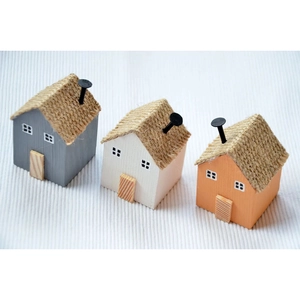 Set of three creative DIY wooden mini house ornaments with burlap roofs for home decor