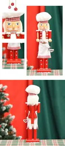 Detailed views of a 38cm wooden chef nutcracker holding a rolling pin and gingerbread man