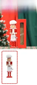 Detail view of 15 inch wooden chef nutcracker with gift box and dimension marking