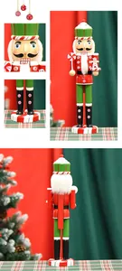 Close-up of wooden gingerbread nutcracker with candy details and soft white faux fur beard
