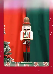 Detail of wooden nutcracker winemaker soldier with wine tray and bottle on festive background