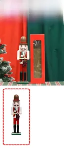 Macro shot of a 38cm wooden nutcracker brewer holding wine and grapes on a square base