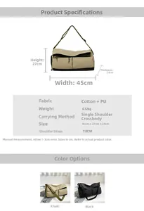 Detailed chart showing large canvas and PU crossbody bag dimensions and materials