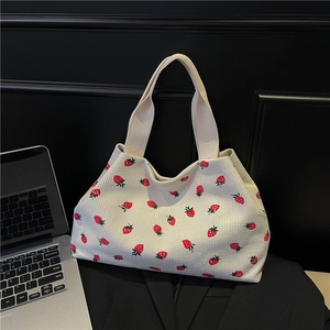 Strawberry Print Corduroy Tote Bag For Women Summer Sweet Large Capacity Shoulder Bag Casual Handbag Underarm Tote Bag