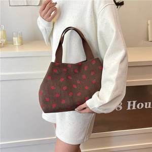 Large capacity corduroy tote bag with red strawberry print for daily casual use