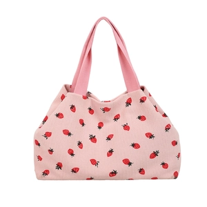 Pink corduroy tote bag with strawberry print and large capacity for casual shoulder wear