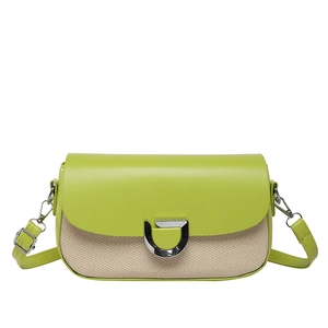 Minimalist beige woven crossbody bag with green flap and silver D-buckle closure