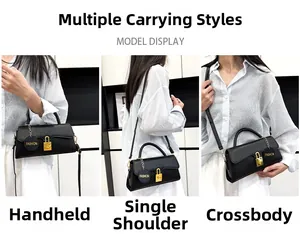 Black faux leather crossbody bag shown in three carrying styles with gold hardware
