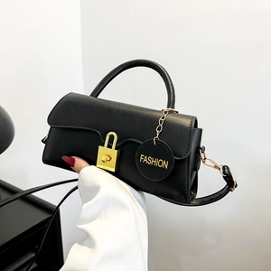 Vintage black leather shoulder bag for women with gold padlock and fashion charm