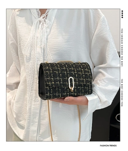 Close-up of woven tweed crossbody bag with golden chain and oval metallic clasp