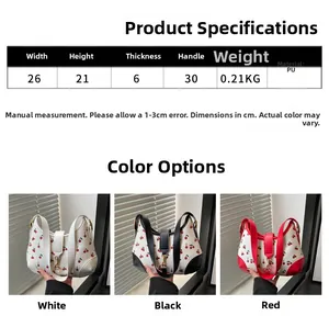Detailed size chart and multi-color view of cherry print PU shoulder bag for women
