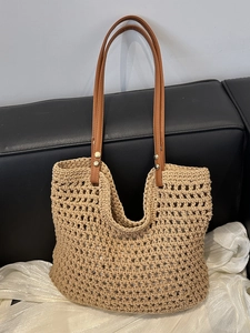 Woven Tote Bag Women Hollow Out Crochet Cotton Rope Handcrafted Shoulder Bag Pastoral Style Large Capacity Beach Handbag