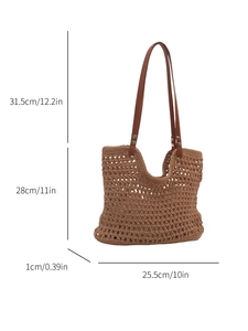 Hollow crochet knit tote bag dimensions for large capacity casual brown shoulder bag