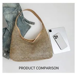 Close-up of woven straw tote with leather strap, tablet, and smartphone on white surface