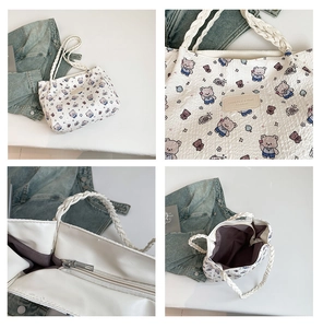 Detail views of white quilted tote bag featuring vintage cartoon bear prints and zipper
