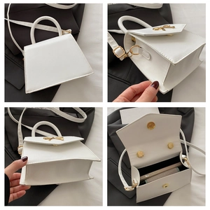 Detailed four-angle view of white trapezoid crossbody bag with gold bow clasp