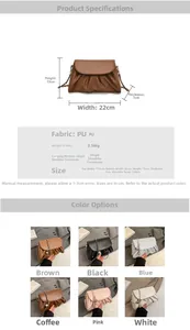 Detailed size guide and color options for the pleated chain shoulder bag in PU leather