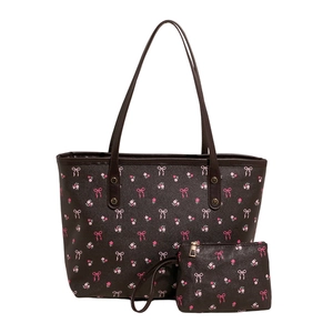 Floral print tote bag set with pink bow pattern and matching small clutch handbag