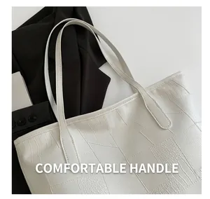Detail view of white crocodile pattern tote bag featuring high-quality leather texture