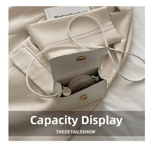 Top-down view of a beige mini flap bag showing capacity for lipstick and cushion