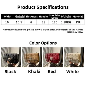Size chart and color display for a quilted PU crossbody bag with chain strap