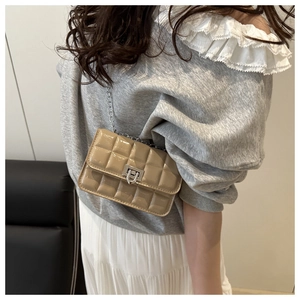 Close-up of glossy patent leather texture and silver chain strap on khaki shoulder bag
