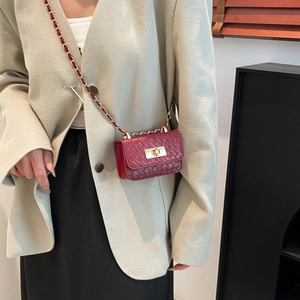 Mini red woven crossbody chain bag with golden twist lock shown on model with beige blazer