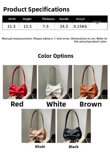 Size chart and dimensions for the bow knot underarm bag in five different colors