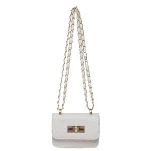 Mini white woven leather chain bag with golden swivel lock and crossbody strap