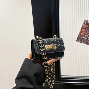 Mini black woven leather crossbody bag with gold twist lock and chain strap