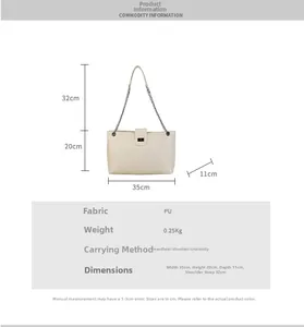 Size chart showing large diamond quilted shoulder bag dimensions 35x20x11cm and PU material