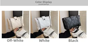 Detailed comparison of beige, white, and black quilted chain tote bags with metal locks