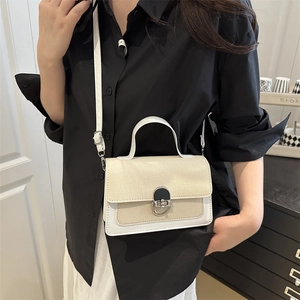 Minimalist color-block crossbody bag with leather trim and metal clasp shown on model