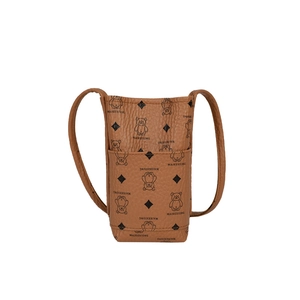 Brown mini crossbody phone bag with bear print and premium pebble leather texture
