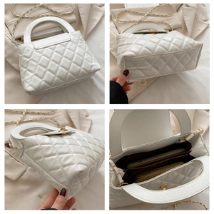 Detailed views of white quilted crossbody bag with gold chain and spacious interior
