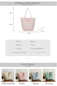Detailed size chart and multi-color display of large-capacity checkered nylon tote bags