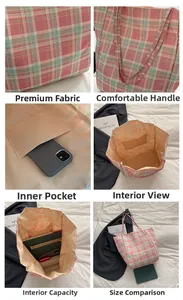 Detailed views of checkered tote bag interior capacity and fabric texture features