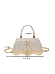Chic gold sequin handbag with double S logo and tassel, versatile for crossbody use